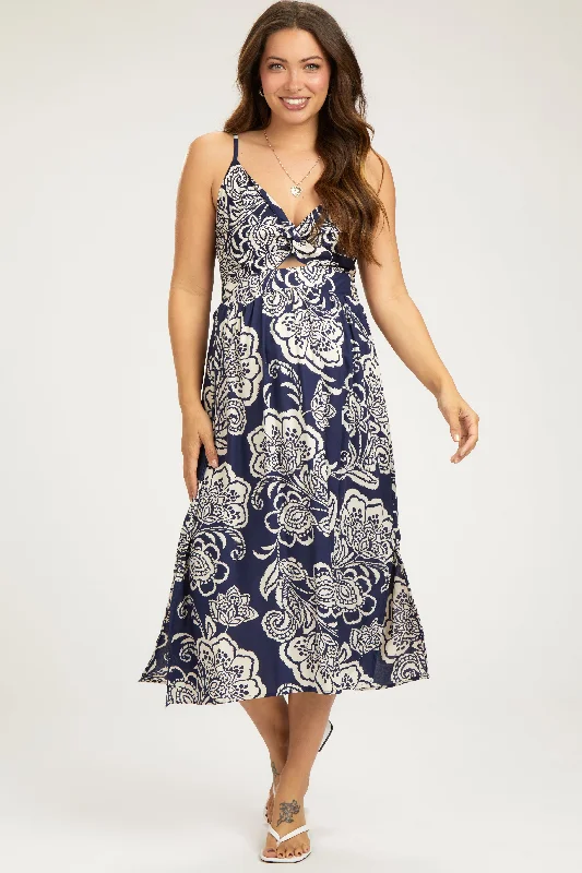 Navy Floral Front Twist Maternity Midi Dress