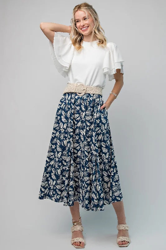 Navy Floral Pleated Midi Skirt