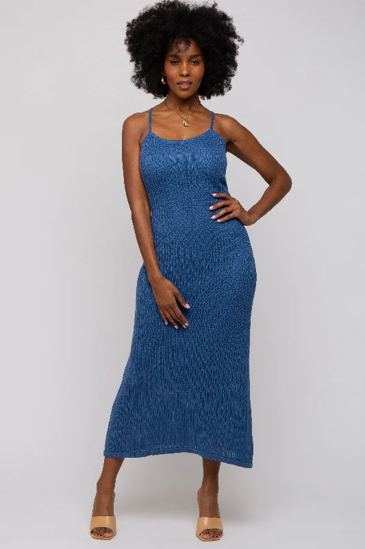 Navy Open Knit Crochet Midi Dress