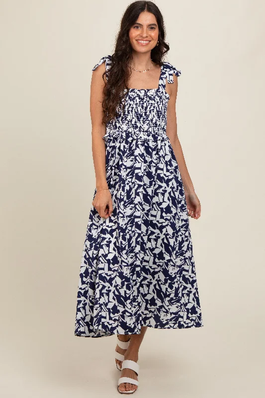 Navy Printed Smocked Shoulder Tie Midi Dress