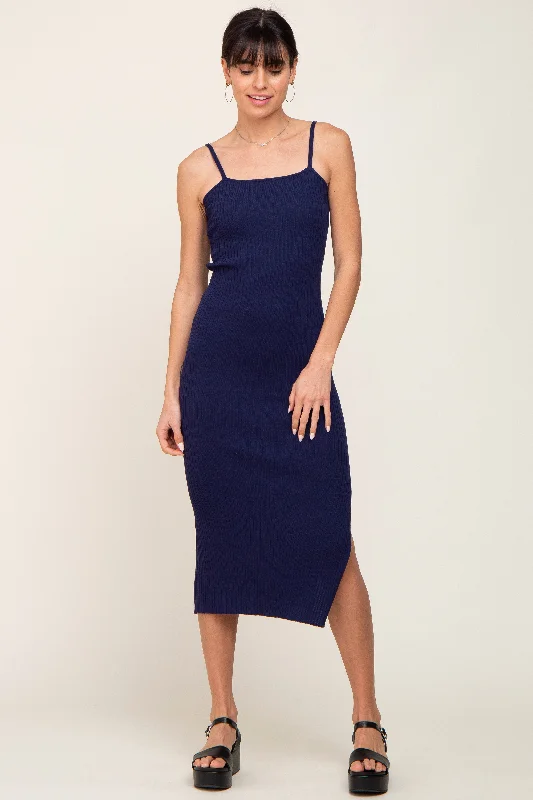 Navy Ribbed Knit Side Slit Midi Dress