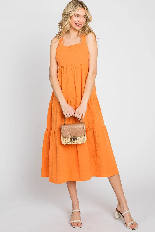 Neon Orange Tiered Crisscross Strap Midi Dress