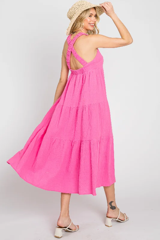 Neon Pink Tiered Crisscross Strap Midi Dress