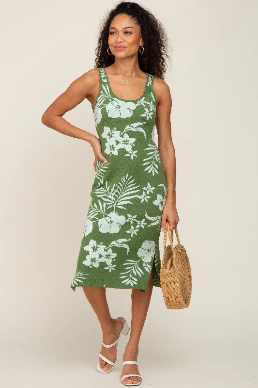 Olive Floral Sleeveless Knit Midi Dress