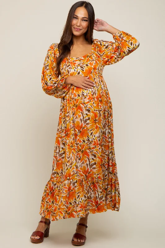 Orange Floral 3/4 Sleeve Maternity Midi Dress