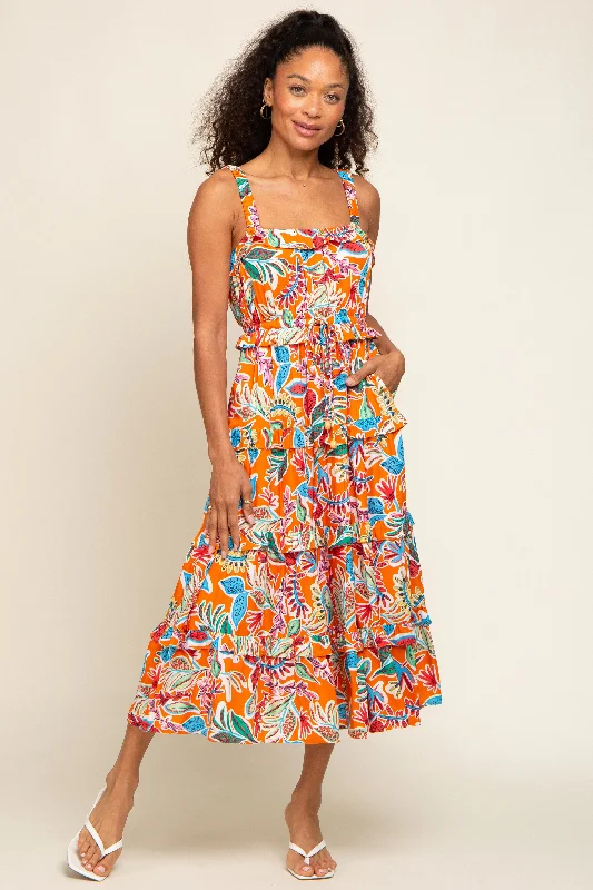 Orange Multi-Color Floral Sleeveless Tiered Midi Dress