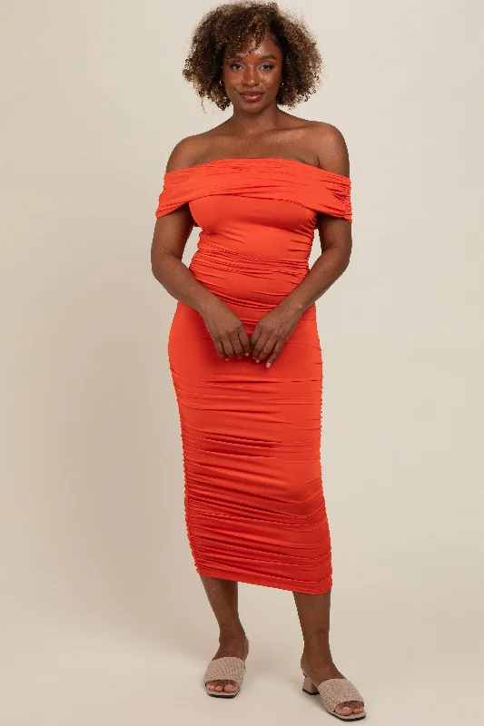 Orange Off Shoulder Ruched Midi Dress