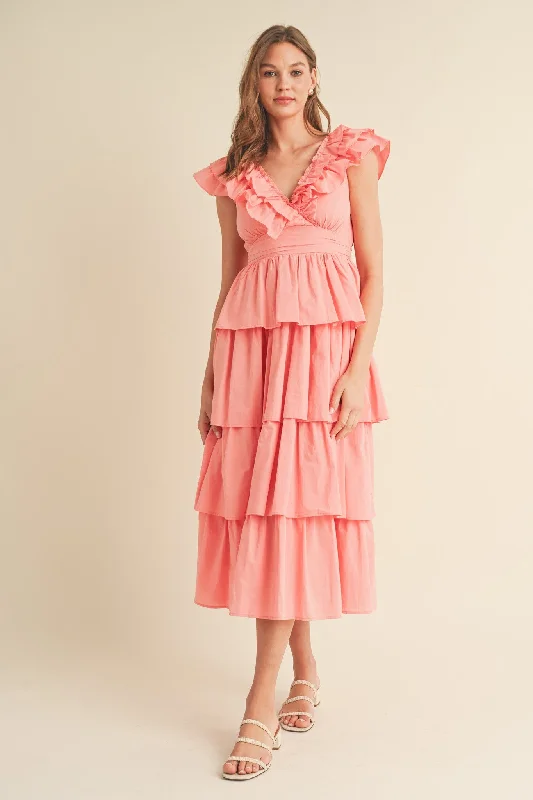 Papaya Layered Ruffle Trim Midi Dress