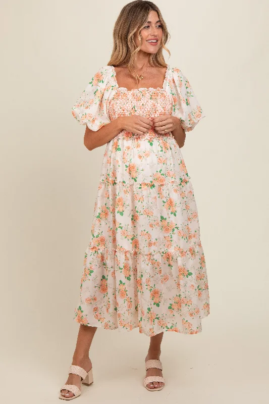 Peach Floral Smocked Puff Sleeve Maternity Midi Dress