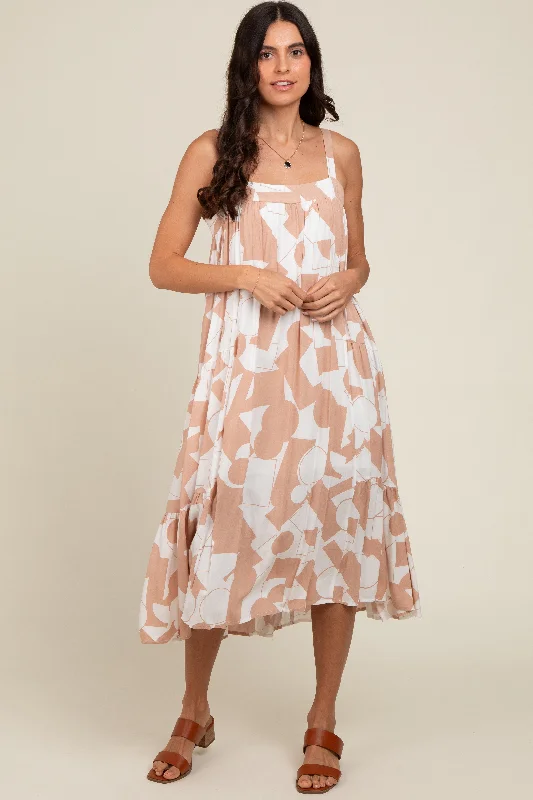 Peach Geometric Print Midi Dress