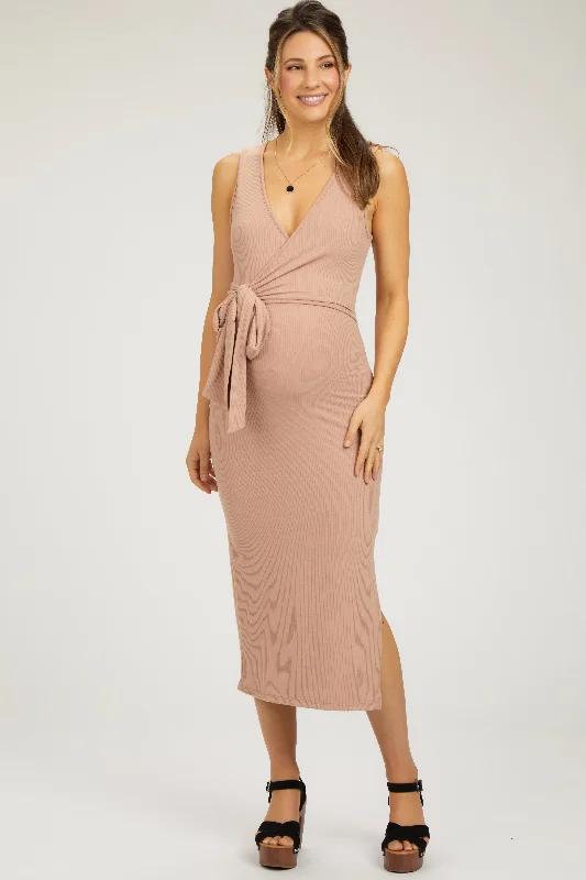 Peach Rib Knit Side Tie Maternity Midi Dress