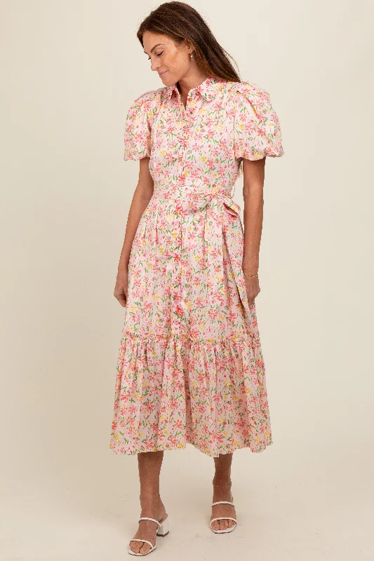 Pink Floral Puff Sleeve Button Down Midi Dress