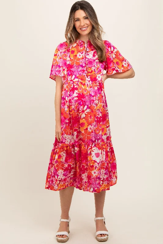 Pink Floral Satin Ruffle Short Flutter Sleeve Maternity Midi Dress