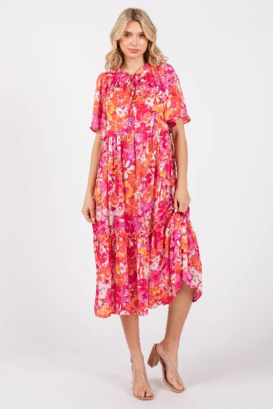 Pink Floral Satin Ruffle Short Flutter Sleeve Midi Dress