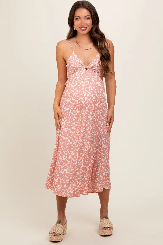 Pink Floral Side Slit Maternity Midi Dress