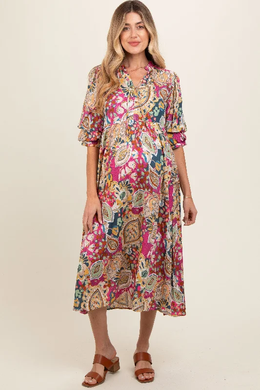 Pink Paisley Print Tiered A-Line Maternity Midi Dress