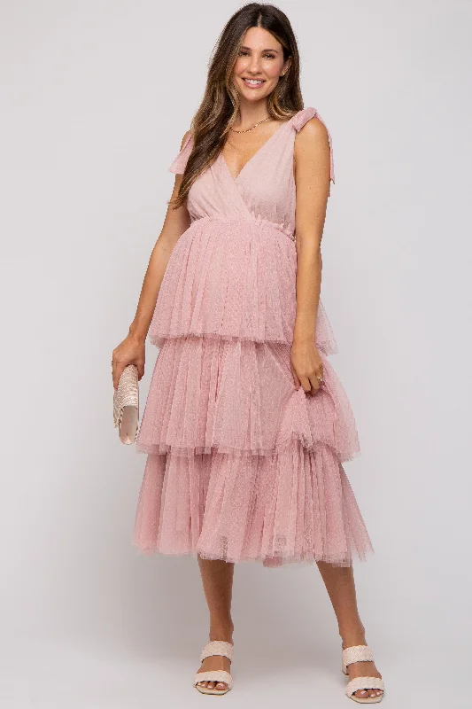 Pink Sleeveless Tiered Tie Strap Tulle Maternity Midi Dress