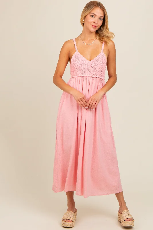 Pink V-Neck Crochet Top Midi Dress