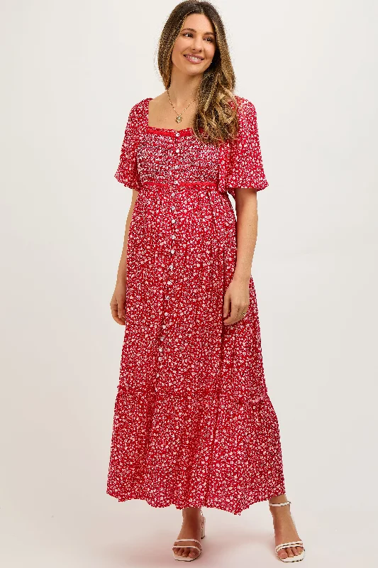 Red Floral Button Front Maternity Midi Dress