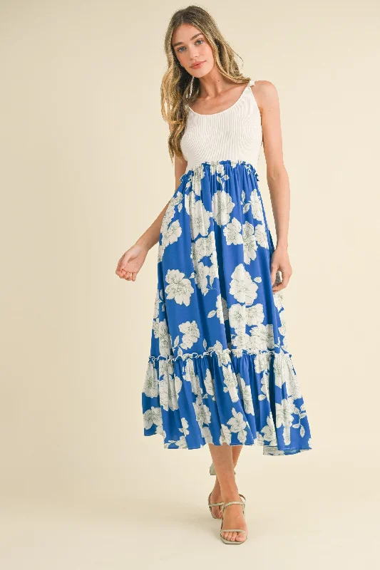 Royal Blue Floral Colorblock Midi Dress