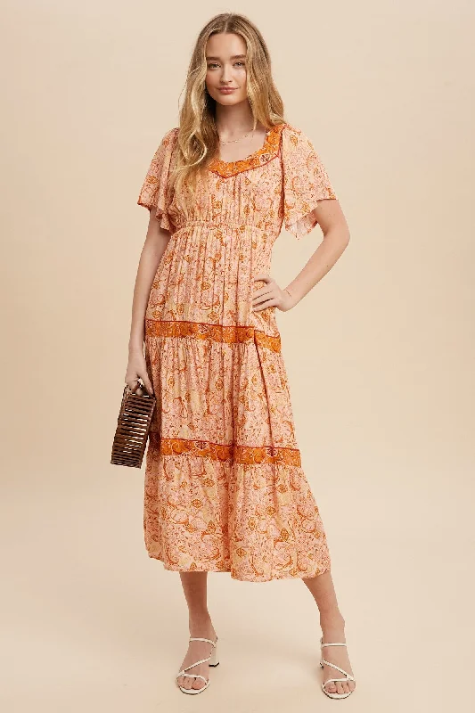 Rust Border Print Tiered Midi Dress