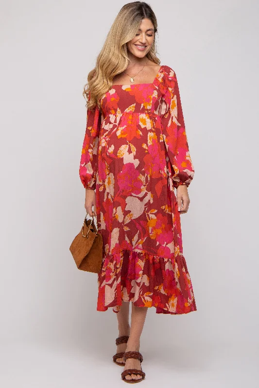 Rust Floral Square Neck Long Sleeve Maternity Midi Dress