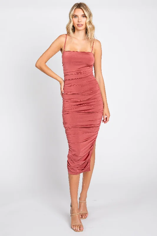 Rust Ruched Side Slit Midi Dress