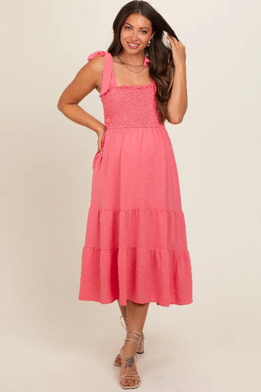 Salmon Smocked Tie Strap Tiered Maternity Midi Dress