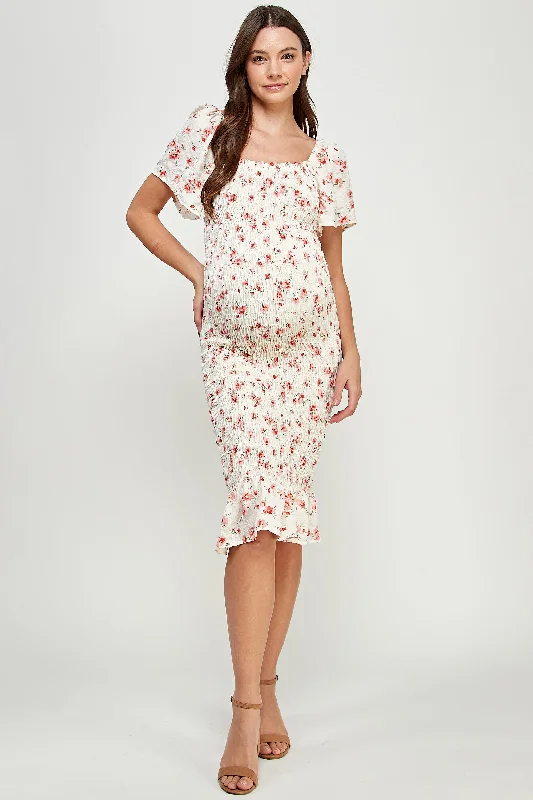 Smocked Square Neck Bodycon Midi Maternity Dress