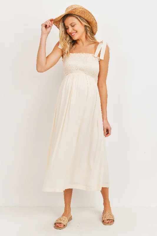 Smocked Tie Strap Maternity Midi Dress