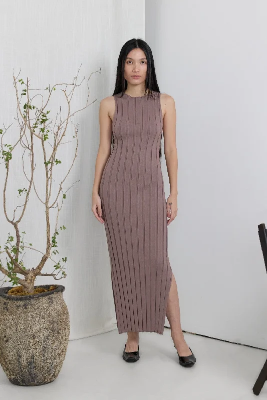 Taupe Sleeveless Knit Side Slit Midi Dress