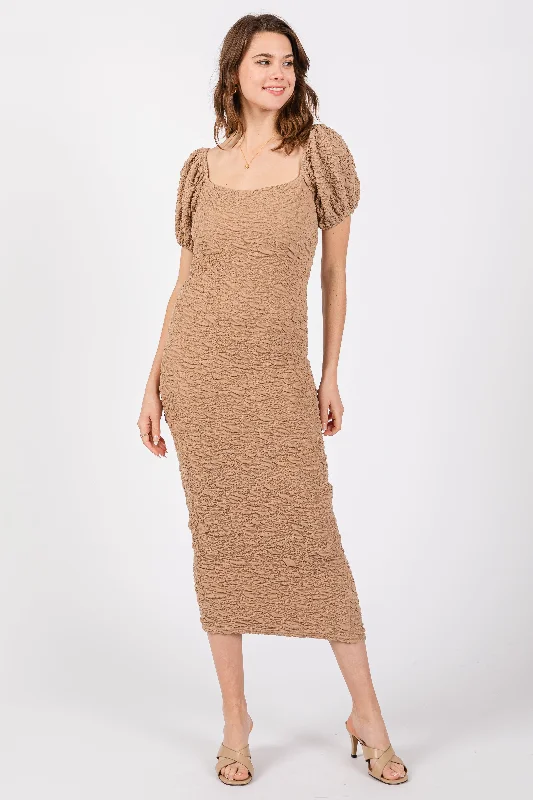 Taupe Textured Square Neck Puff Sleeve Midi Dress