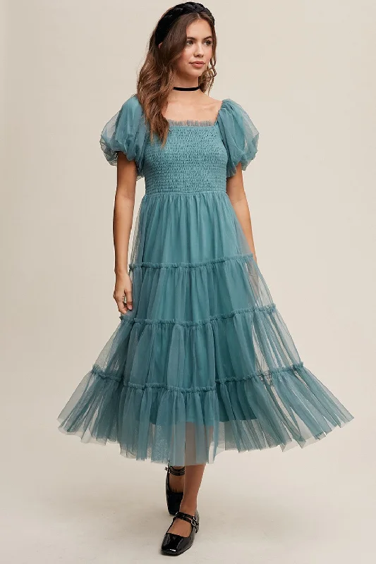 Teal Smocked Tiered Tulle Midi Dress