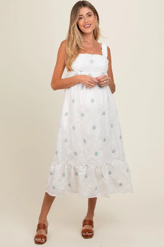 White Eyelet Floral Embroidered Back Tie Cutout Maternity Midi Dress