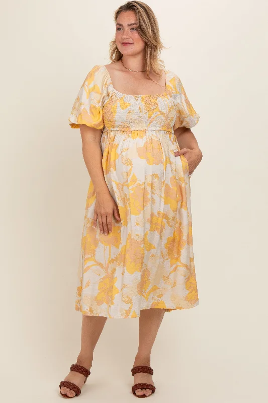 Yellow Floral Square Neck Smocked Short Puff Sleeve Maternity Plus Midi Dress